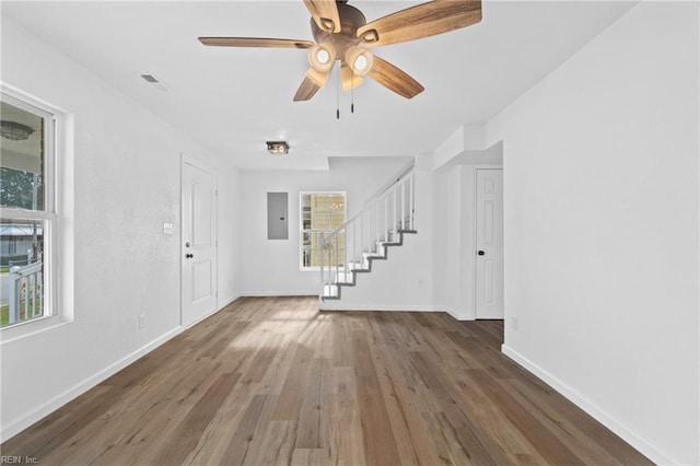 foyer with ceiling fan, dark wood-type flooring, and electric panel