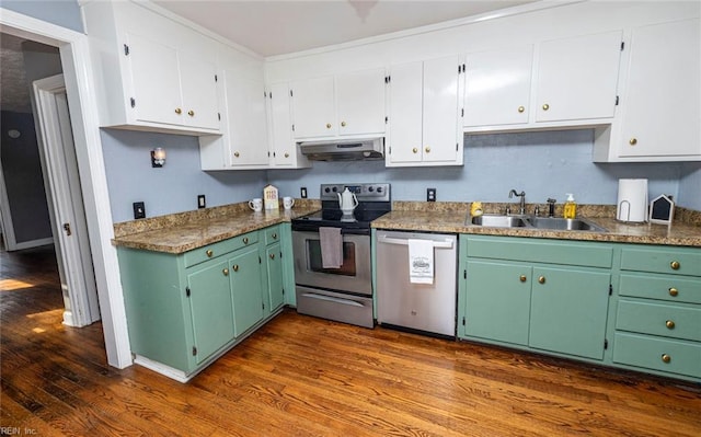 kitchen with green cabinets, stainless steel appliances, dark hardwood / wood-style floors, white cabinets, and sink