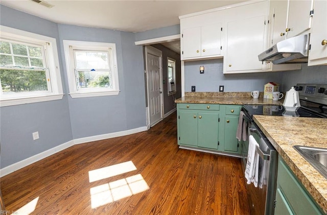 kitchen featuring dark wood-type flooring, green cabinets, white cabinetry, and stainless steel appliances