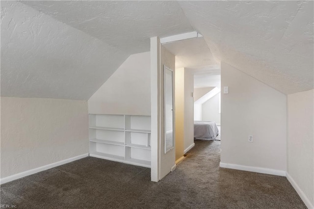 additional living space with lofted ceiling, built in features, a textured ceiling, and dark colored carpet