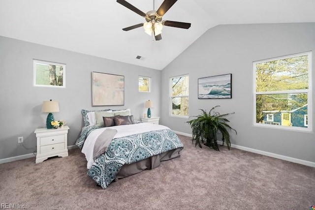 carpeted bedroom featuring ceiling fan and lofted ceiling