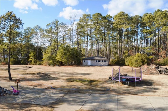 view of yard with an outdoor structure and a trampoline