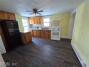 kitchen with white electric range oven, dark hardwood / wood-style flooring, ventilation hood, ceiling fan, and fridge