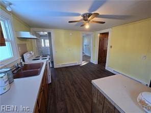 kitchen featuring ventilation hood, a healthy amount of sunlight, electric range, and sink