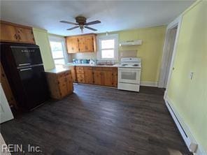 kitchen with extractor fan, white electric range, fridge, dark hardwood / wood-style flooring, and a baseboard radiator