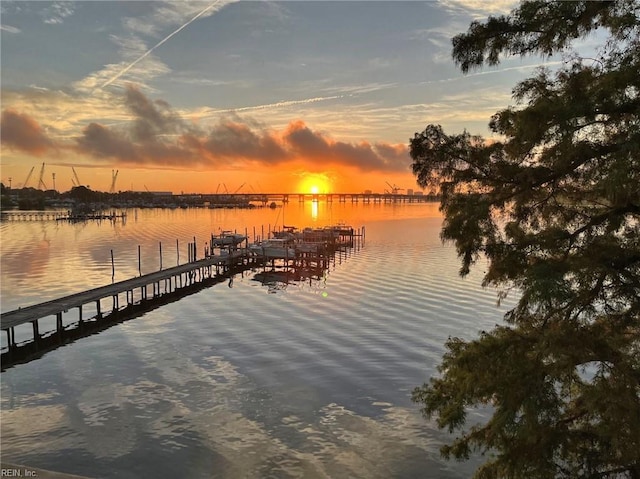 view of dock with a water view