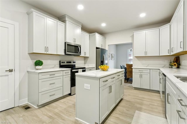 kitchen featuring white cabinetry, sink, a center island, light hardwood / wood-style floors, and stainless steel appliances