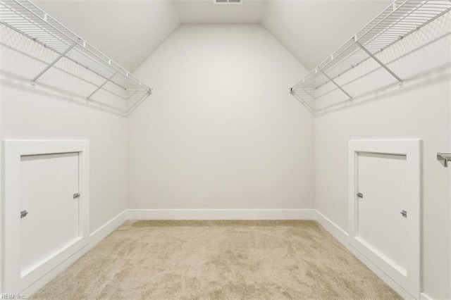 spacious closet featuring carpet floors and vaulted ceiling