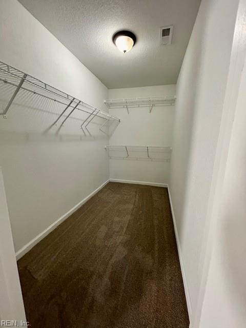 walk in closet with dark carpet