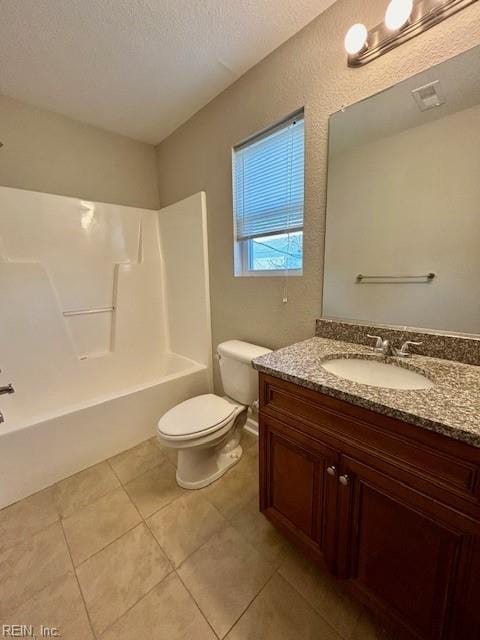 full bathroom with toilet, shower / bathing tub combination, tile patterned floors, a textured ceiling, and vanity