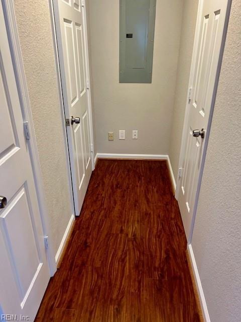 hall with electric panel and dark hardwood / wood-style floors