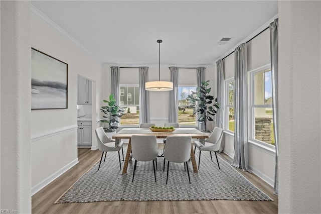 dining room featuring crown molding and hardwood / wood-style flooring