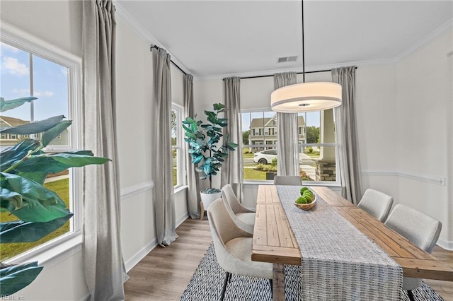 dining room featuring ornamental molding, a healthy amount of sunlight, and light hardwood / wood-style floors