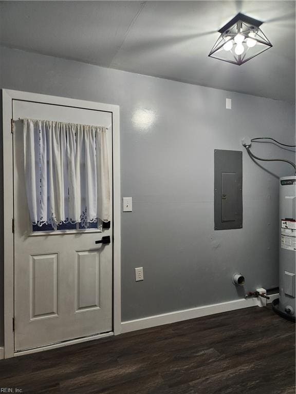 foyer featuring dark hardwood / wood-style flooring, electric panel, and water heater