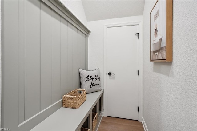 mudroom with lofted ceiling and light wood-type flooring