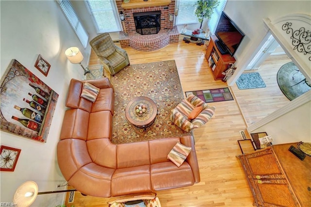 living room with a fireplace and hardwood / wood-style floors