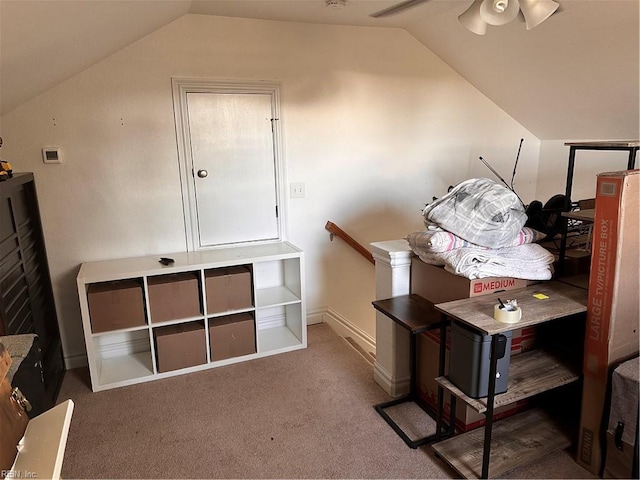 bonus room with lofted ceiling, ceiling fan, and carpet flooring