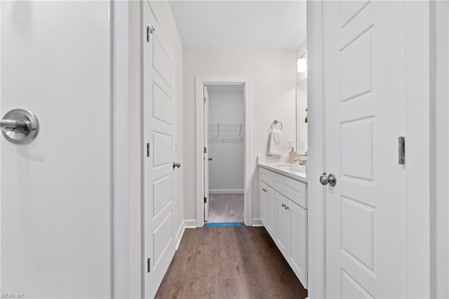 bathroom with vanity and hardwood / wood-style flooring