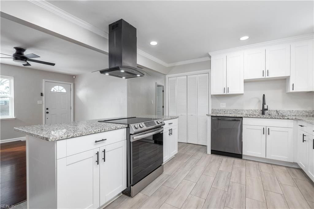 kitchen with white cabinetry, stainless steel electric range, island range hood, dishwashing machine, and light stone counters