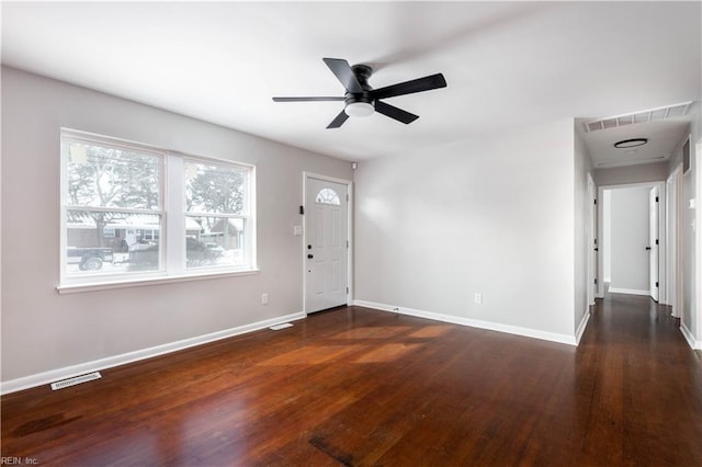 entrance foyer with ceiling fan and dark hardwood / wood-style floors