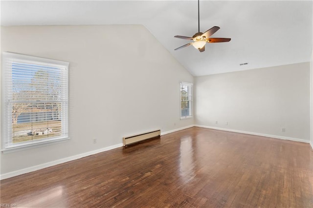 unfurnished living room with ceiling fan, a baseboard radiator, dark hardwood / wood-style flooring, and vaulted ceiling