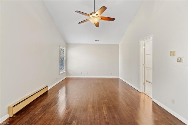 empty room featuring ceiling fan, a baseboard heating unit, dark wood-type flooring, and high vaulted ceiling