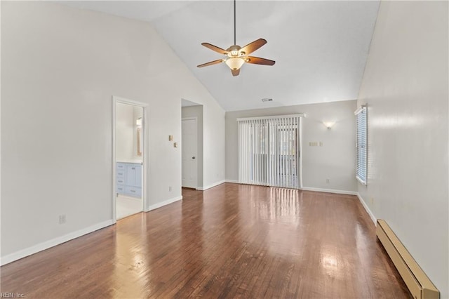 unfurnished living room featuring high vaulted ceiling, ceiling fan, dark hardwood / wood-style floors, and a baseboard radiator