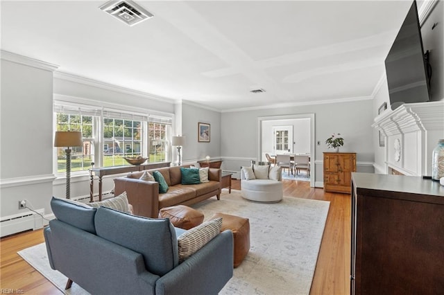 living room featuring a baseboard heating unit, crown molding, and light hardwood / wood-style floors