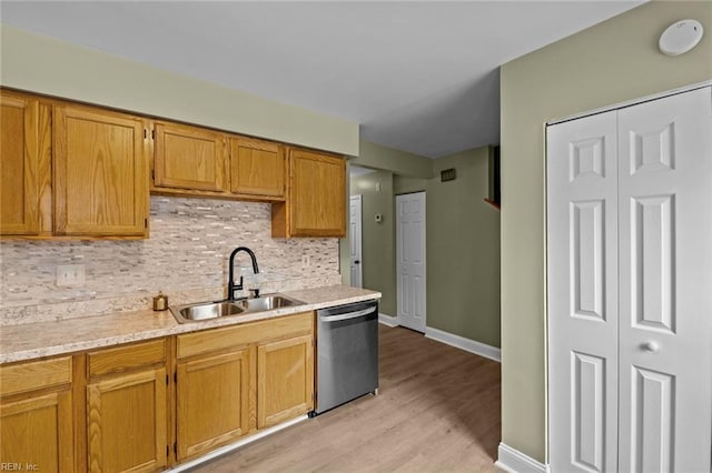 kitchen with tasteful backsplash, stainless steel dishwasher, sink, and light hardwood / wood-style flooring