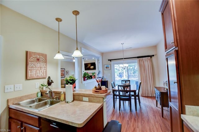 kitchen with sink, light hardwood / wood-style floors, and hanging light fixtures