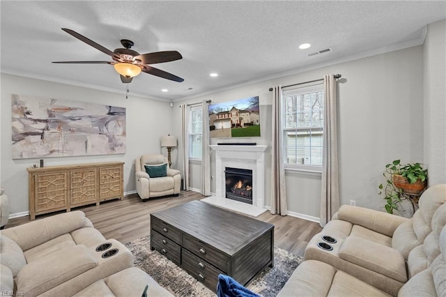 living room featuring ornamental molding, ceiling fan, light hardwood / wood-style flooring, and a textured ceiling