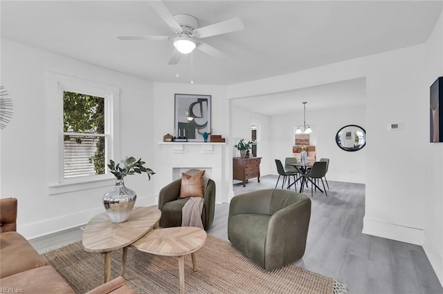 living room with ceiling fan and wood-type flooring