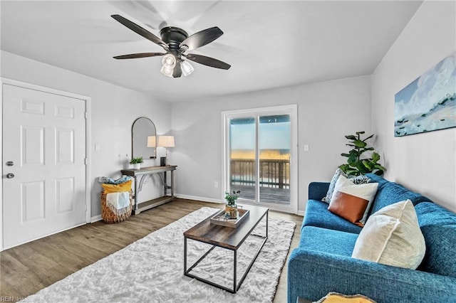 living room with ceiling fan and hardwood / wood-style floors