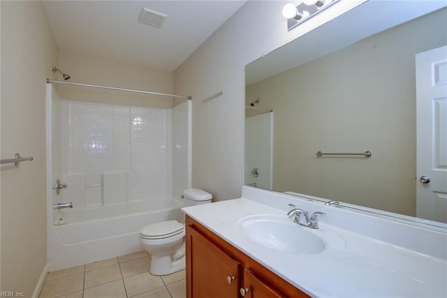 full bathroom with shower / tub combination, tile patterned floors, toilet, and vanity