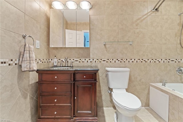 full bathroom with tile walls, toilet, vanity, and independent shower and bath