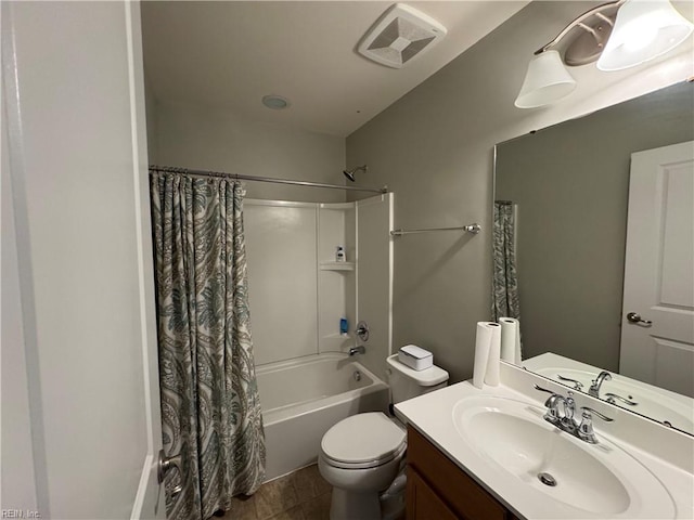 full bathroom featuring shower / bath combo, toilet, tile patterned floors, and vanity