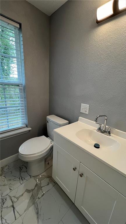 bathroom with plenty of natural light, toilet, and vanity