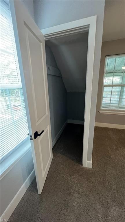 additional living space with vaulted ceiling and dark carpet