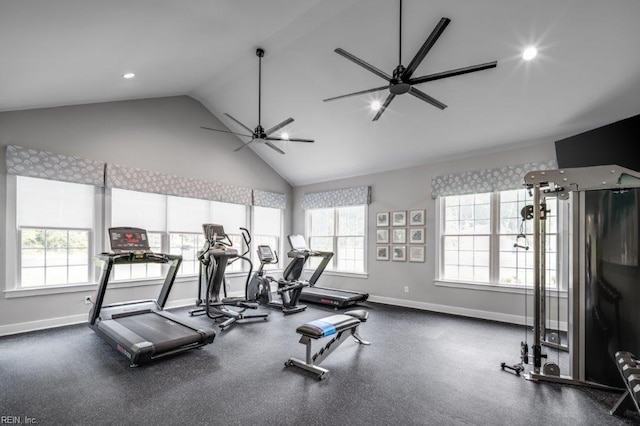 workout area featuring ceiling fan and lofted ceiling