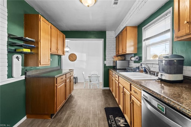 kitchen featuring dark wood-type flooring, sink, and stainless steel dishwasher