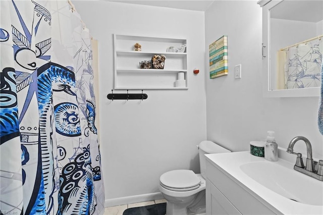 bathroom with walk in shower, toilet, tile patterned floors, and vanity