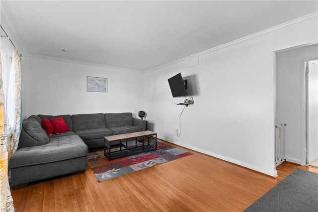 living room with hardwood / wood-style flooring, radiator, and crown molding