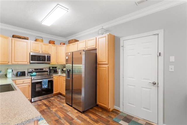 kitchen with sink, appliances with stainless steel finishes, dark hardwood / wood-style floors, ornamental molding, and light brown cabinets