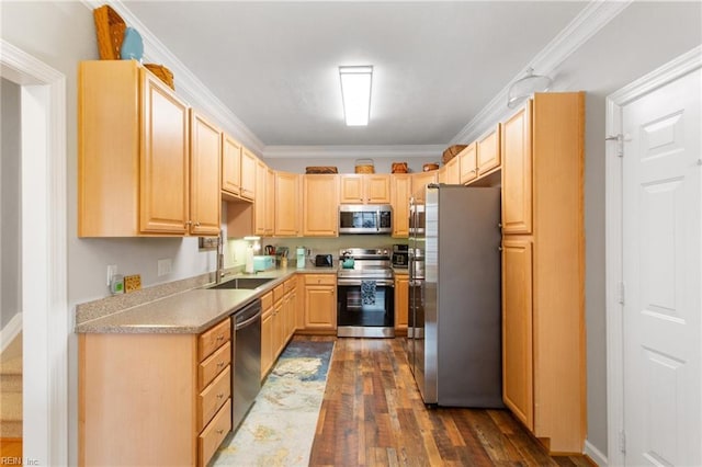 kitchen with light brown cabinetry, sink, ornamental molding, dark hardwood / wood-style floors, and stainless steel appliances