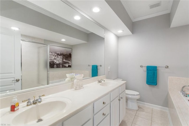 full bathroom with separate shower and tub, vanity, ornamental molding, tile patterned floors, and toilet