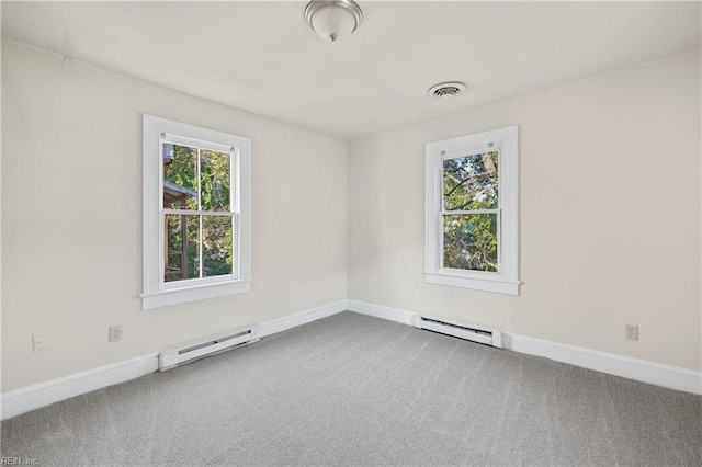 spare room featuring a baseboard radiator and carpet