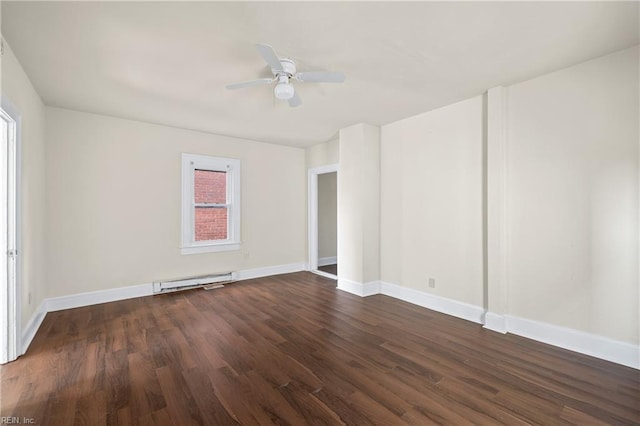 empty room with a baseboard heating unit, dark wood-type flooring, and ceiling fan