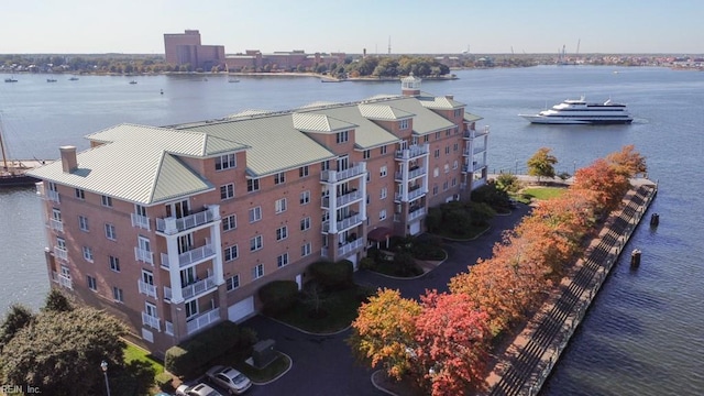 aerial view featuring a water view