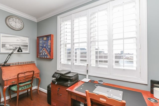 home office featuring crown molding and dark wood-type flooring