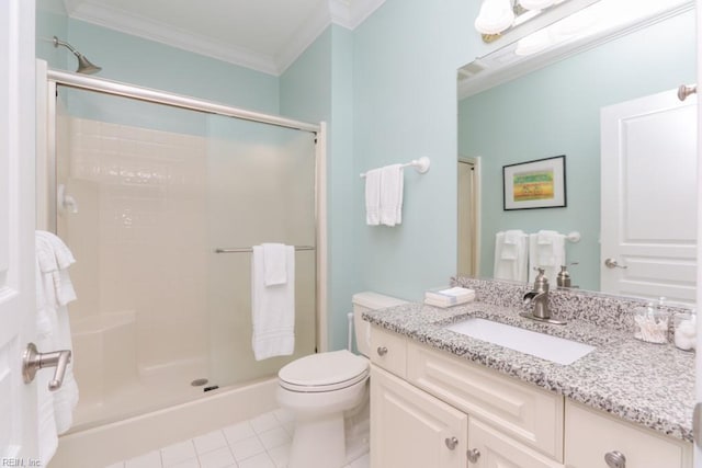 bathroom with an enclosed shower, crown molding, toilet, and tile patterned flooring